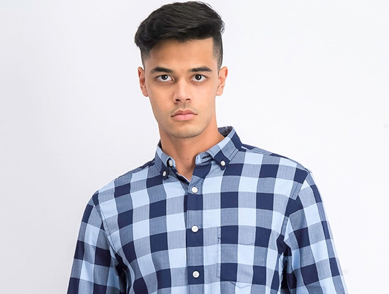 Club Room Men's Herringbone Plaid Pocket Shirt Blue Size Small
