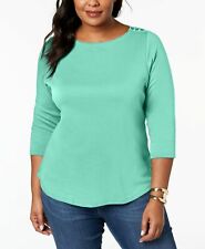 Charter Club Women's Plus Size Cotton Printed 3/4-Sleeve T-Shirt Green Size 1X