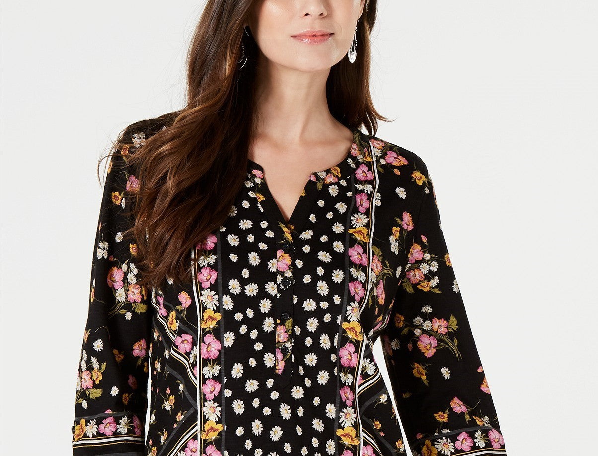 Style & Co Women's Printed Split-Neck Shirt Black Size Small