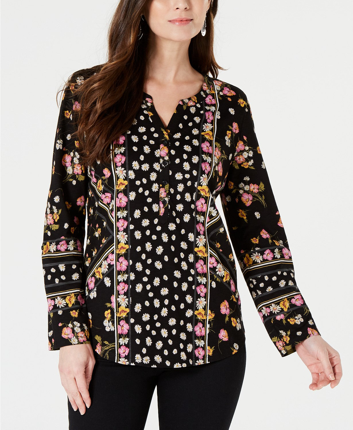 Style & Co Women's Printed Split-Neck Shirt Black Size X-Small