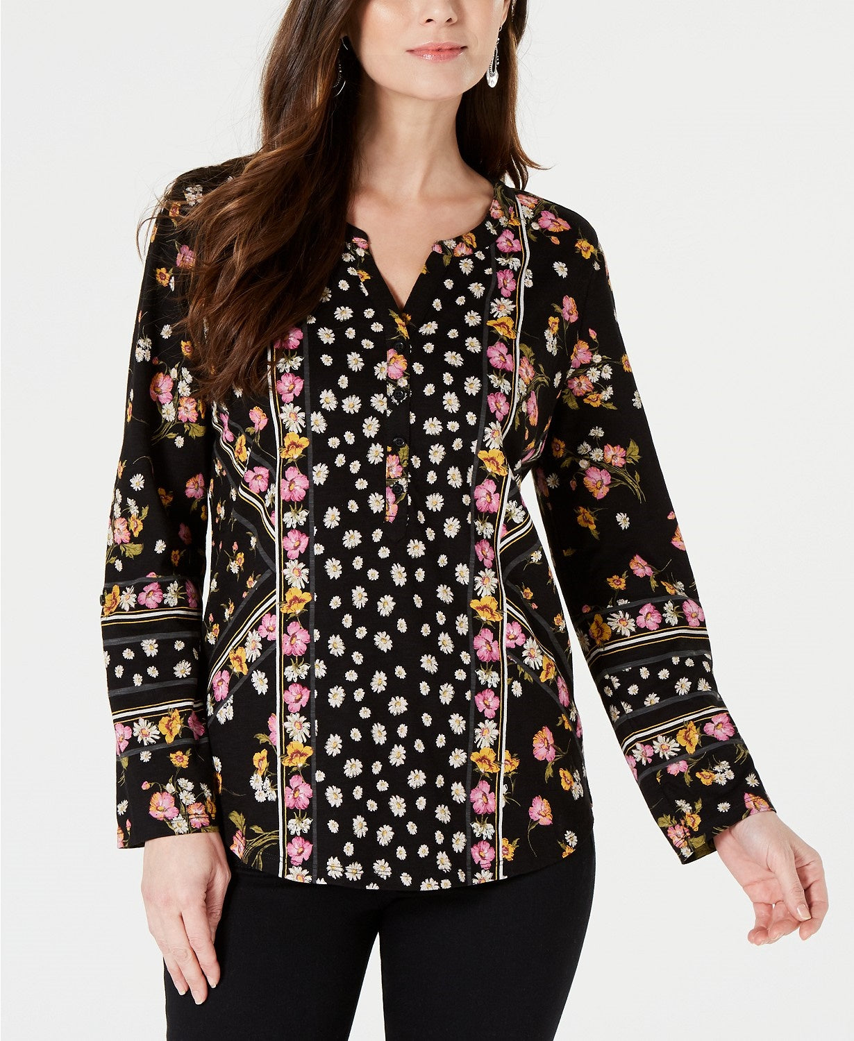 Style & Co Women's Printed Split-Neck Shirt Black Size Extra Large
