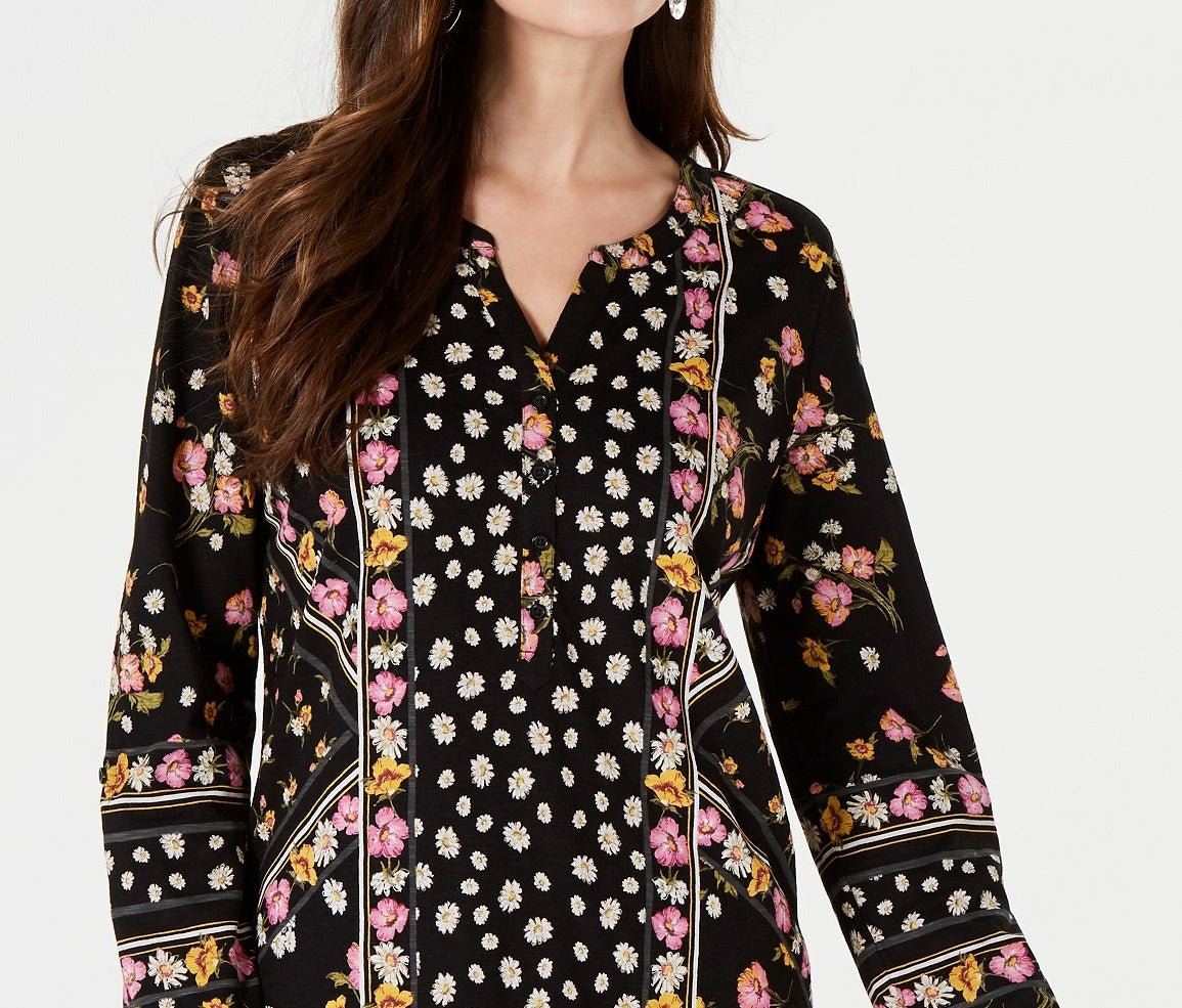 Style & Co Women's Printed Split-Neck Shirt Black Size Extra Large
