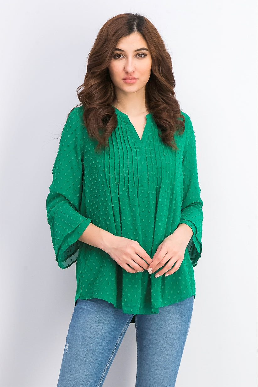 Charter Club Women's Double-Ruffle Textured Pintuck Top Dark Green Size X-Small