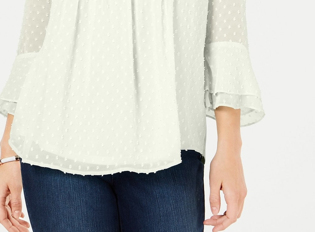 Charter Club Women's Double-Ruffle Textured Pintuck Top Cloud Size Small