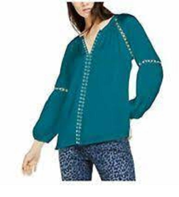 INC International Concepts Women's Grommet-Trim Peasant Blouse Blue Size Small