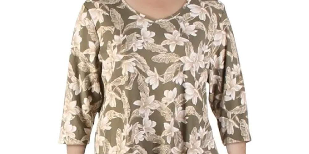 Karen Scott Women's Floral-Print V-Neck Top Green Size Medium