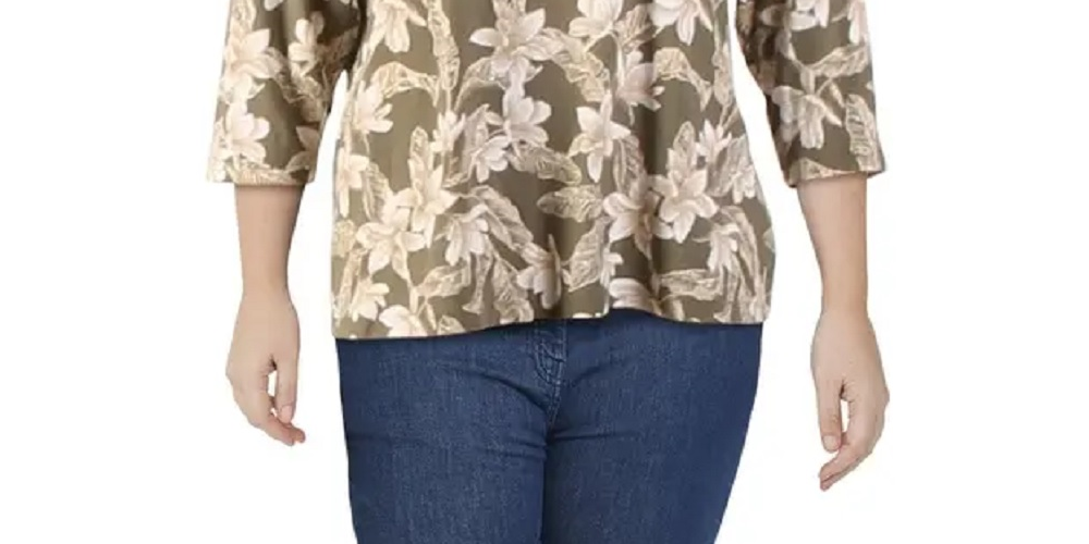 Karen Scott Women's Floral-Print V-Neck Top Green Size Medium