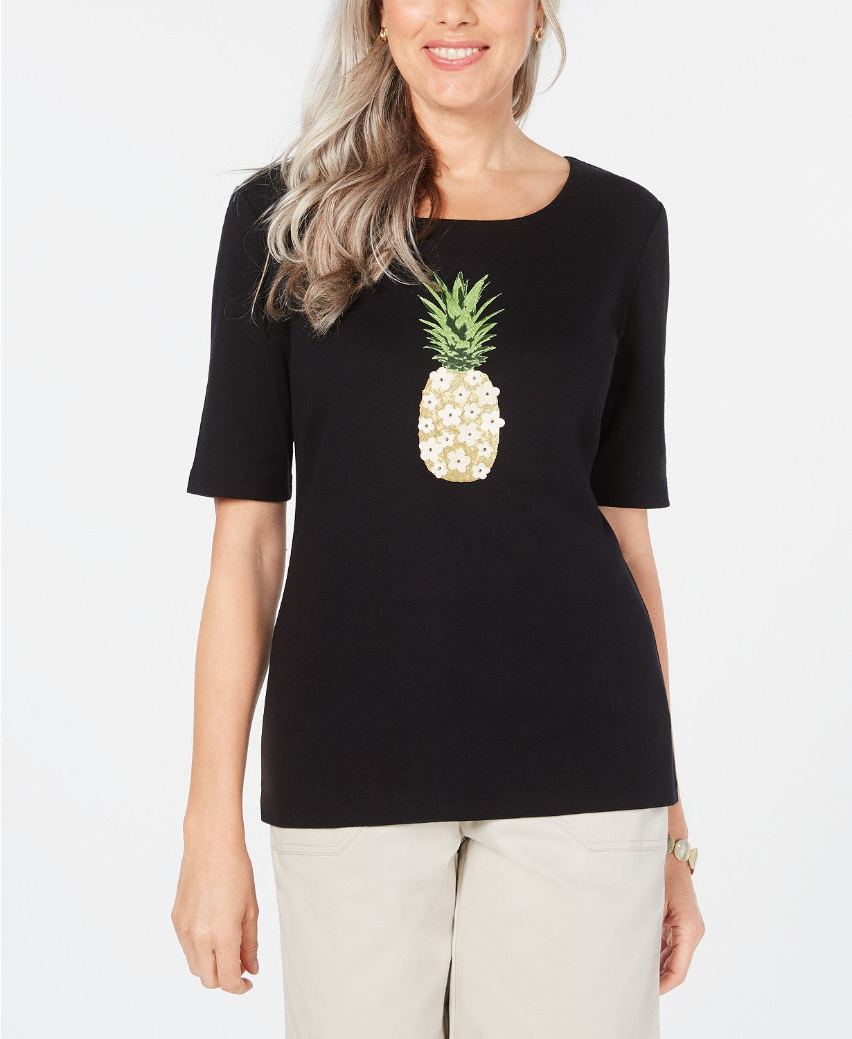 Karen Scott Women's Cotton Pineapple Graphic-Print T-Shirt Black Size 2X-Large