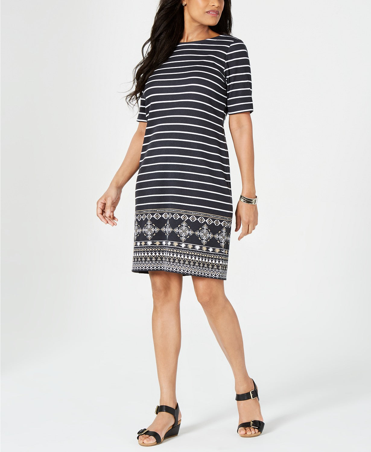 Karen Scott Women's Petite Printed Shift Dress Black Size Medium