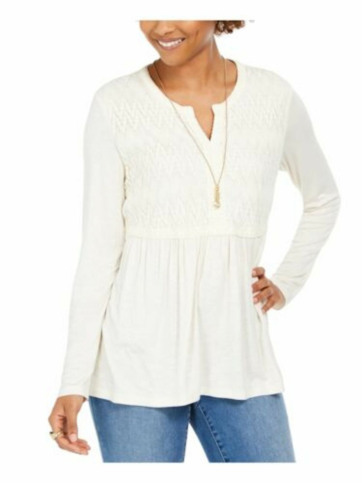 Style & Co Women's Lace-Front Draped Top Ivory Size Extra Large