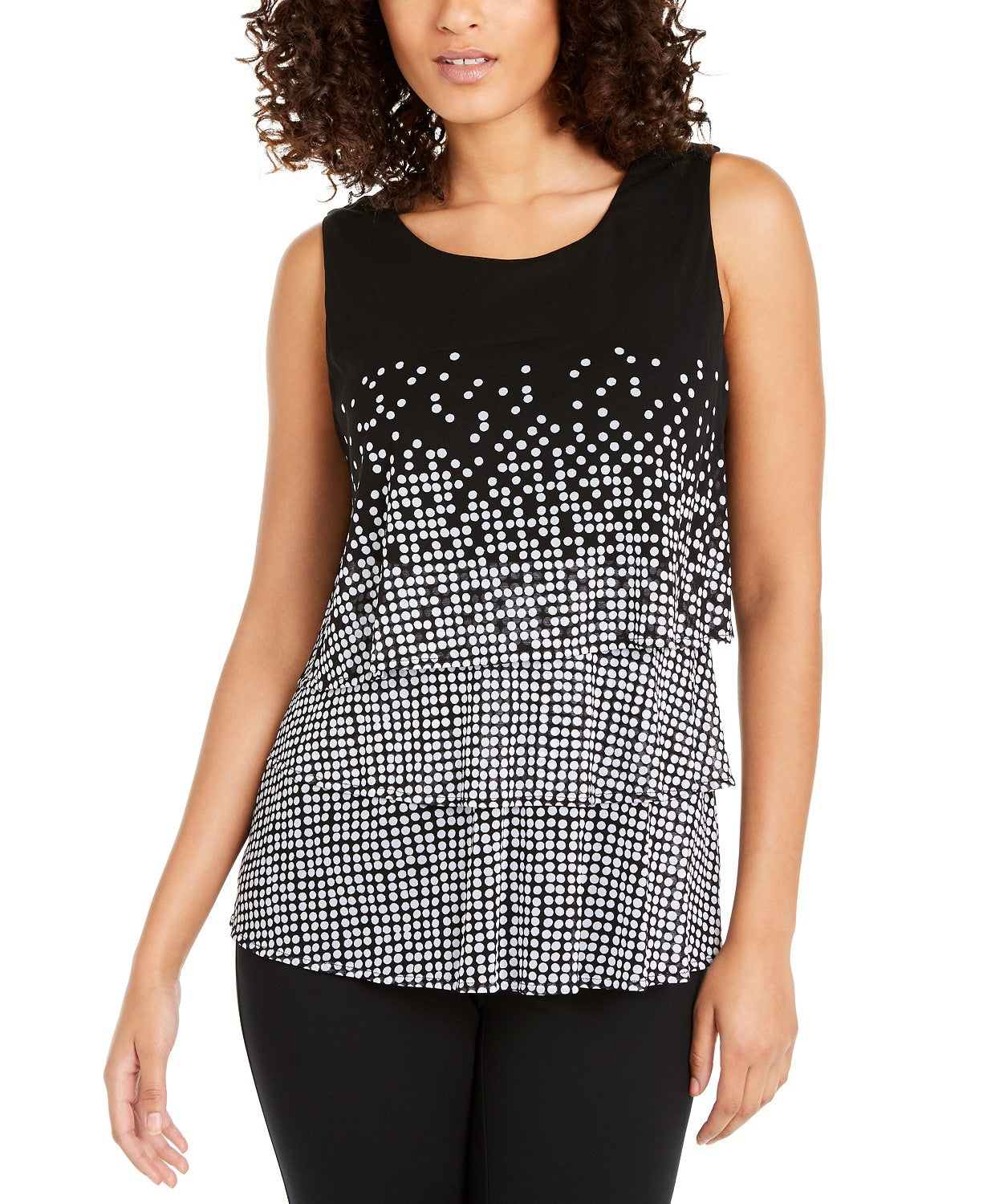 Alfani Women's Petite Tiered Dot-Print Top  Black Size Small