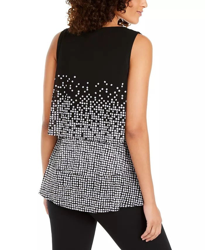 Alfani Women's Petite Tiered Dot-Print Top  Black Size Small