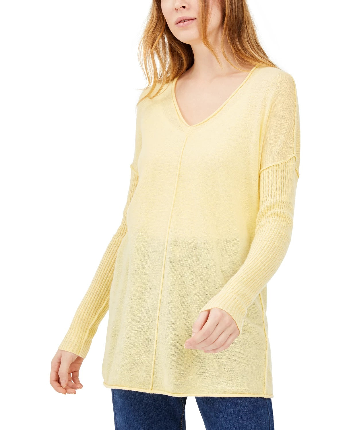 INC International Concepts Women's Ribbed Long-Sleeve Tunic Sweater Bright Yellow Size Medium