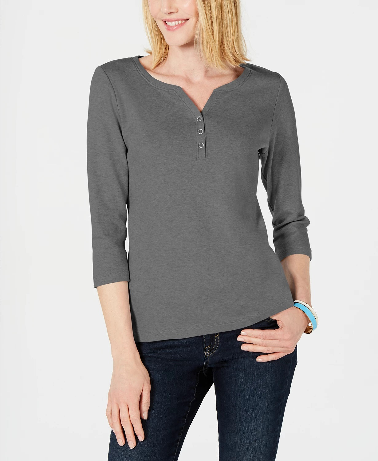 Karen Scott Women's Cotton Henley Top Green Size Medium