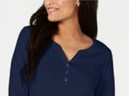 Karen Scott Women's Cotton Henley Shirt Blue Size Petite Small
