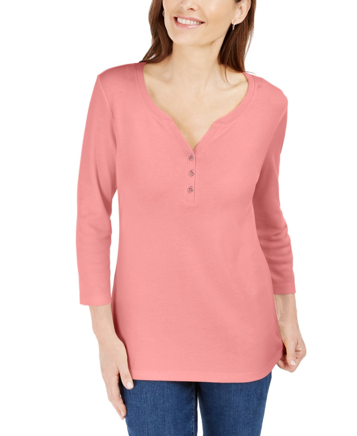 Karen Scott Women's Petite Cotton Henley Shirt Pink Size Petite XL