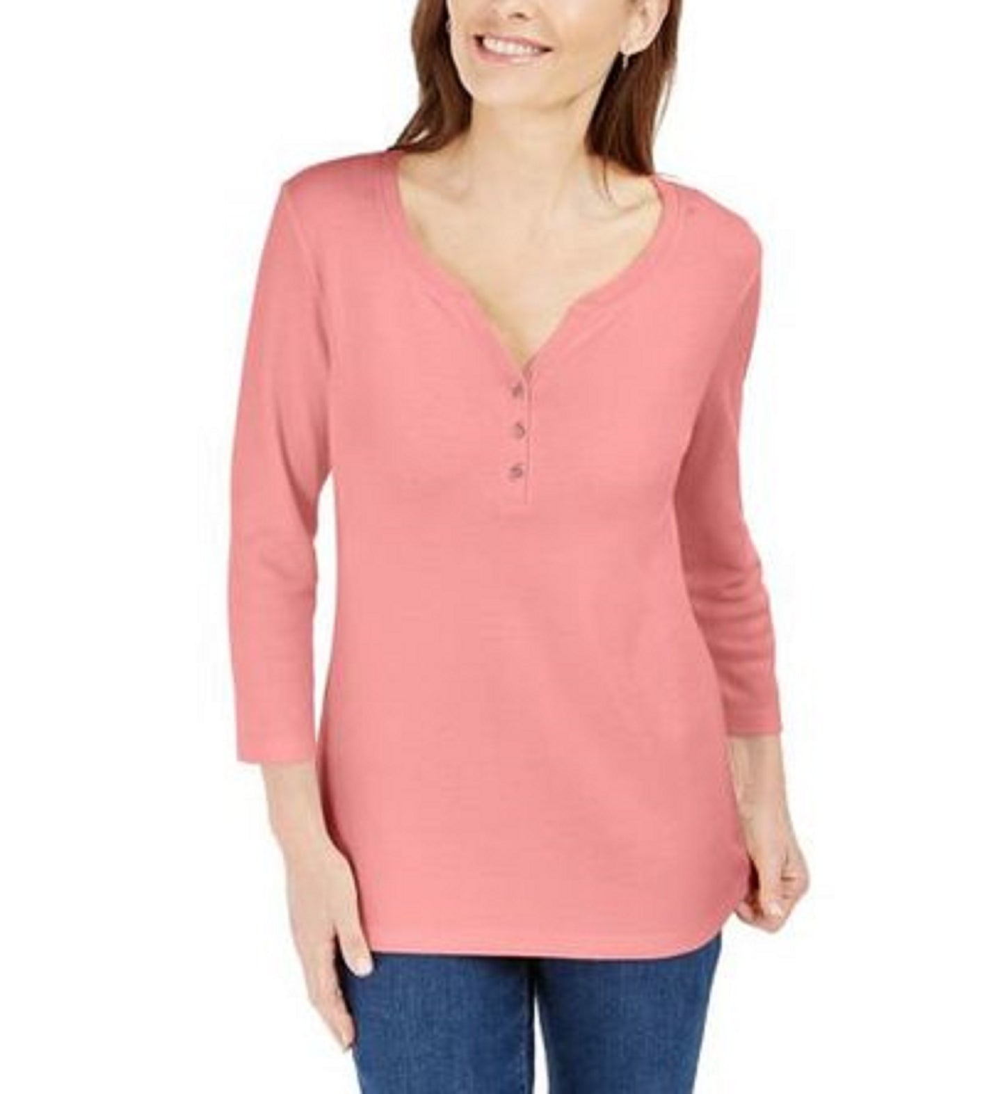 Karen Scott Women's Cotton Henley Shirt Dark Pink Size Petite