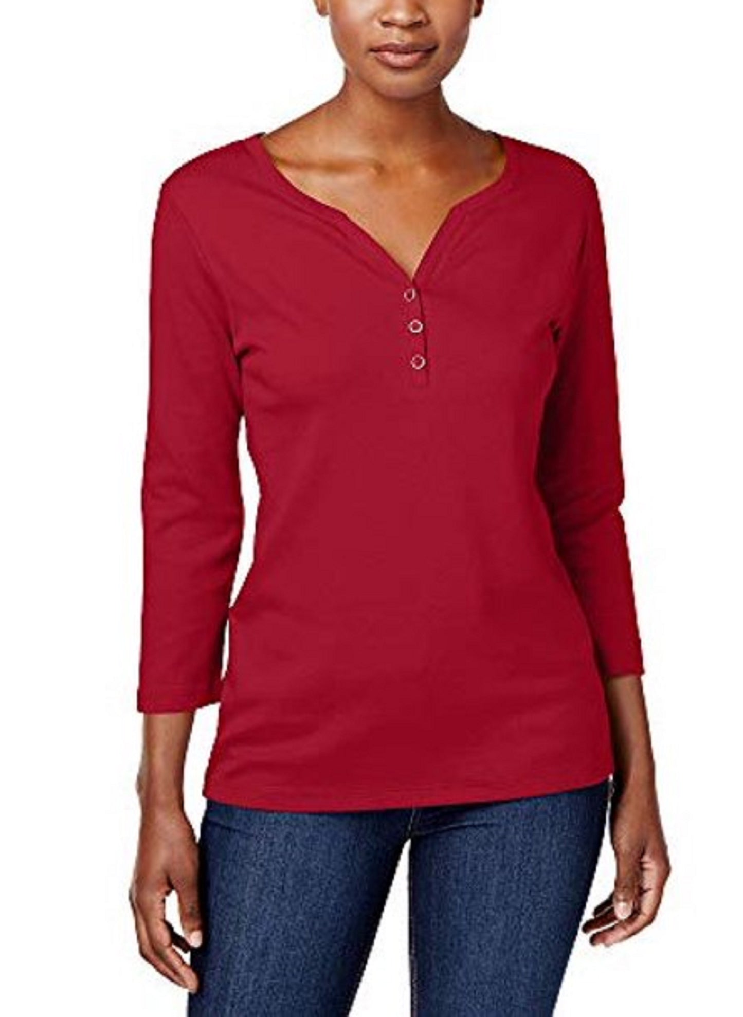 Karen Scott Women's Cotton Henley Shirt Medium Red Size Petite Extra Large