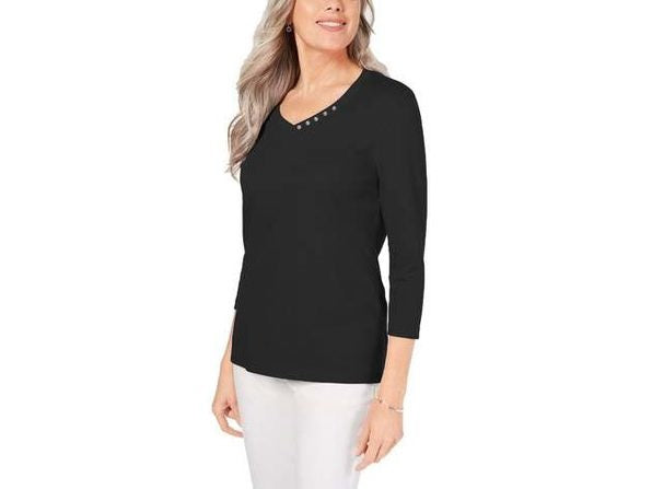 Karen Scott Women's Cotton V-Neck Button-Trim Top Black Size Small