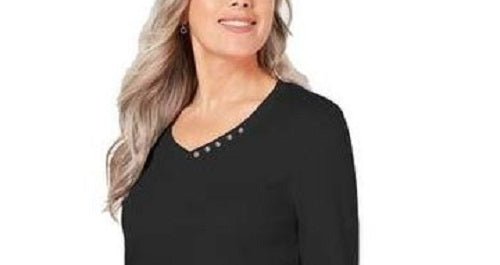 Karen Scott Women's Cotton V-Neck Button-Trim Top Black Size Small