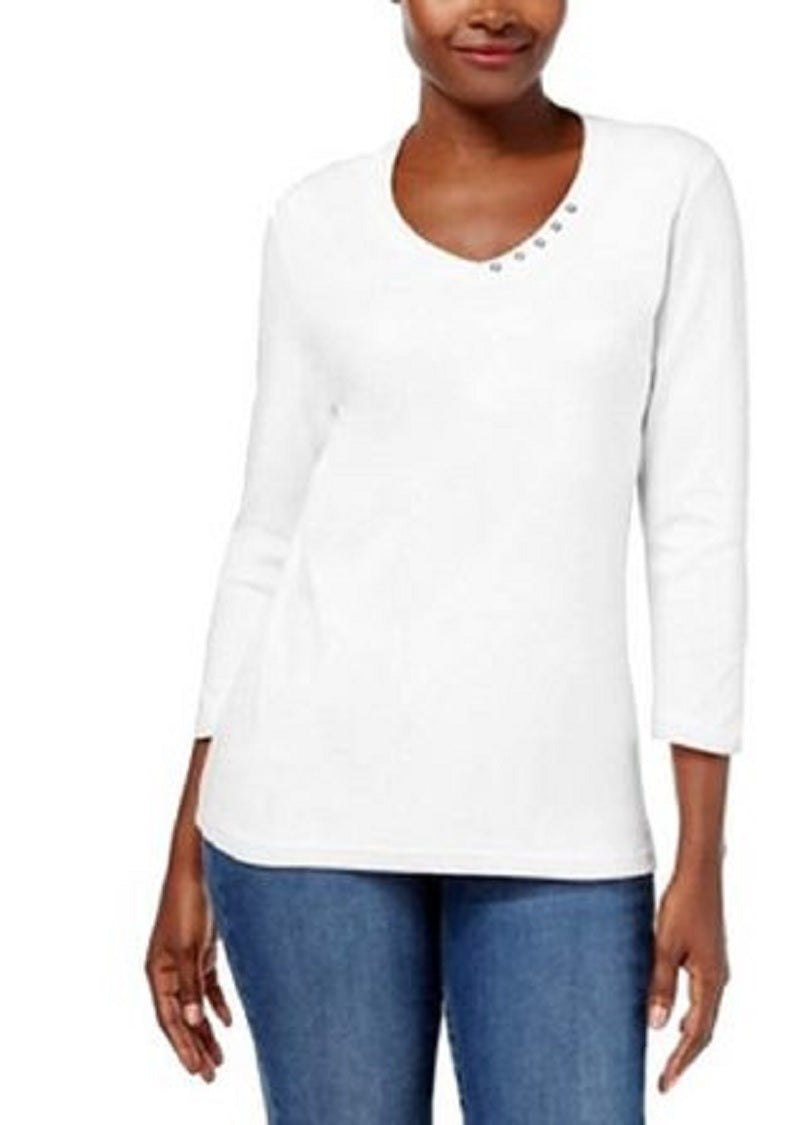 Karen Scott Women's Cotton V-Neck Button-Trim Top White Size Medium