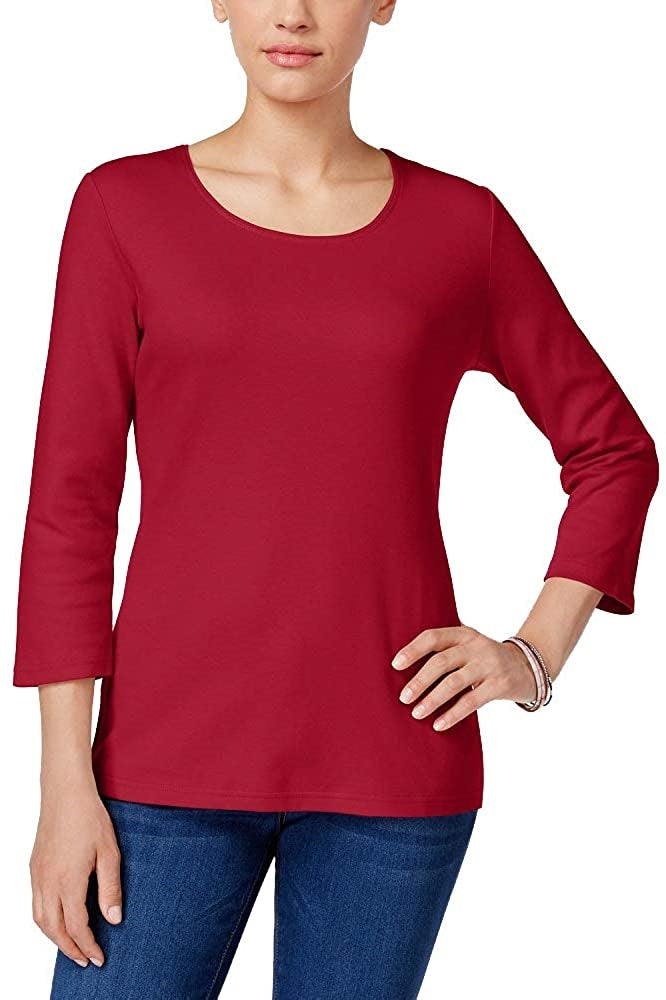 Karen Scott Women's Petite Cotton Scoop-Neck Top  Bright Red Size Small
