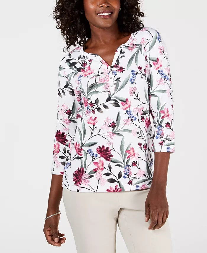 Karen Scott Women's Printed Henley Top White Size Petite Small