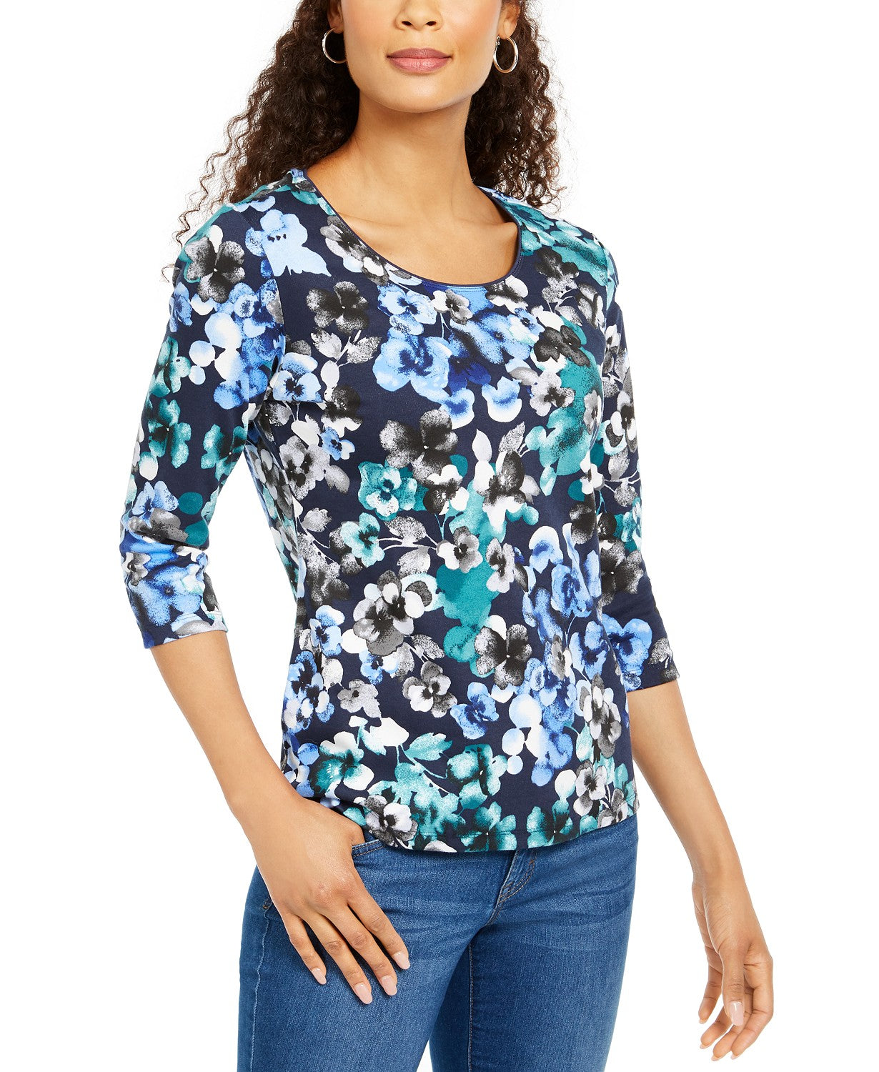 Karen Scott Women's Petite Printed 3/4-Sleeve Top Blue Size P/S Petite