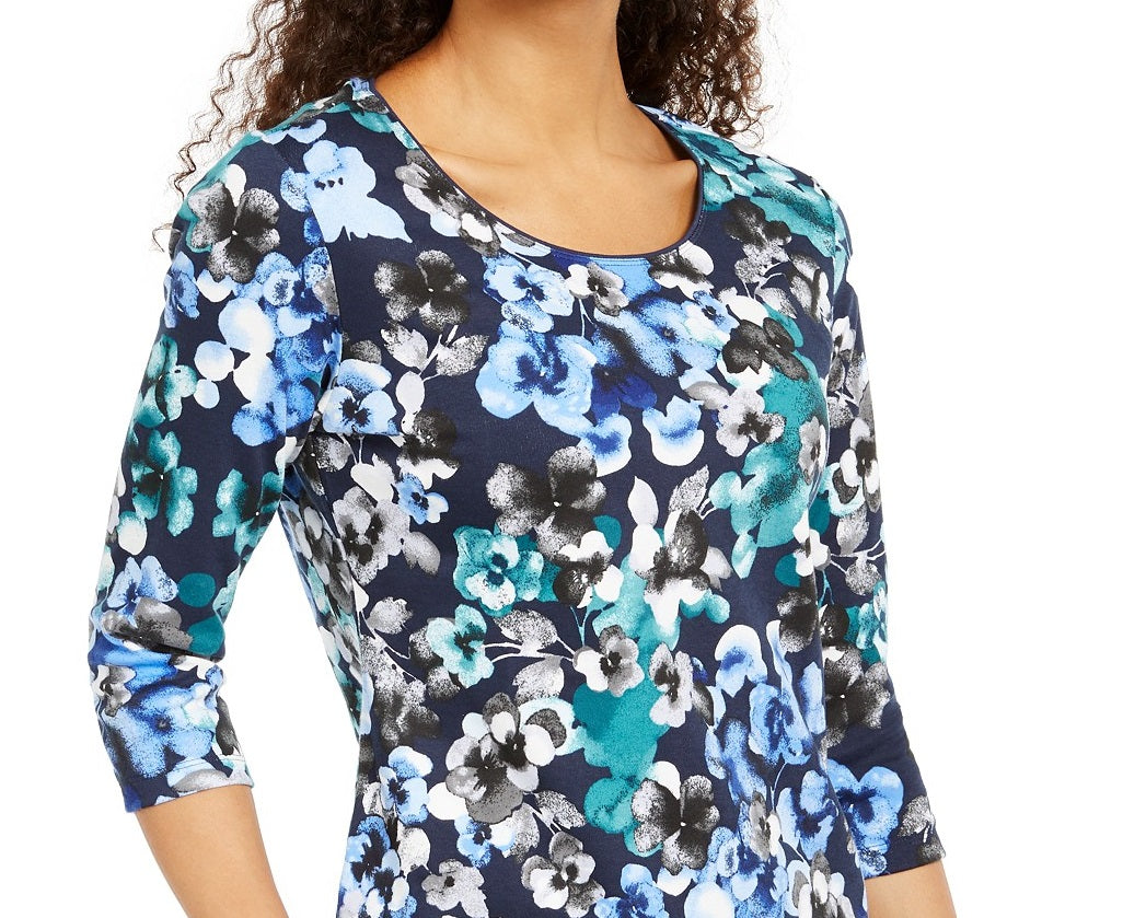 Karen Scott Women's Petite Printed 3/4-Sleeve Top Blue Size P/S Petite