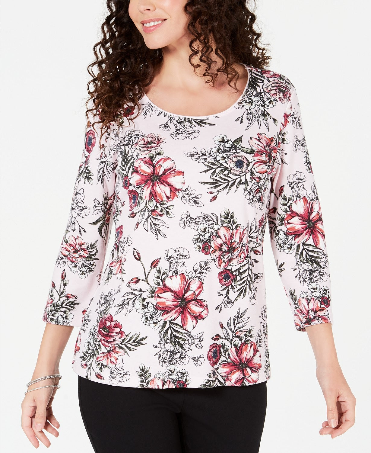 Karen Scott Women's Petite Printed Scoop-Neck Top  Mellow Rose Size Petite Small