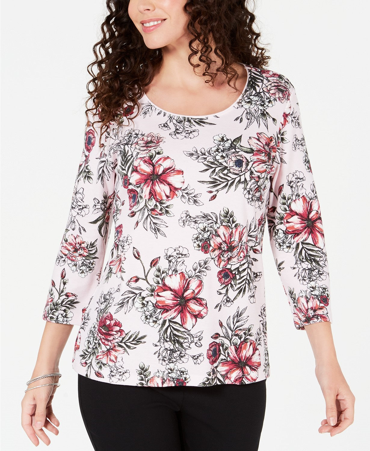 Karen Scott Women's Petite Printed Scoop-Neck Top Red Size 44