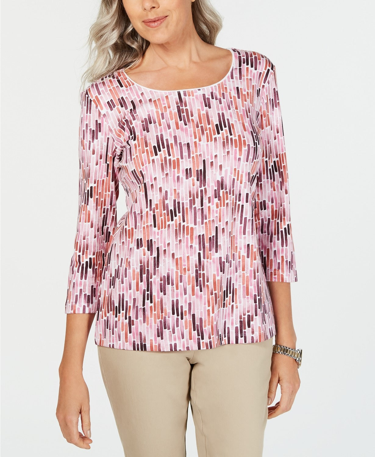 Karen Scott Women's Printed 3/4-Sleeve Top Red Size Petite Petite