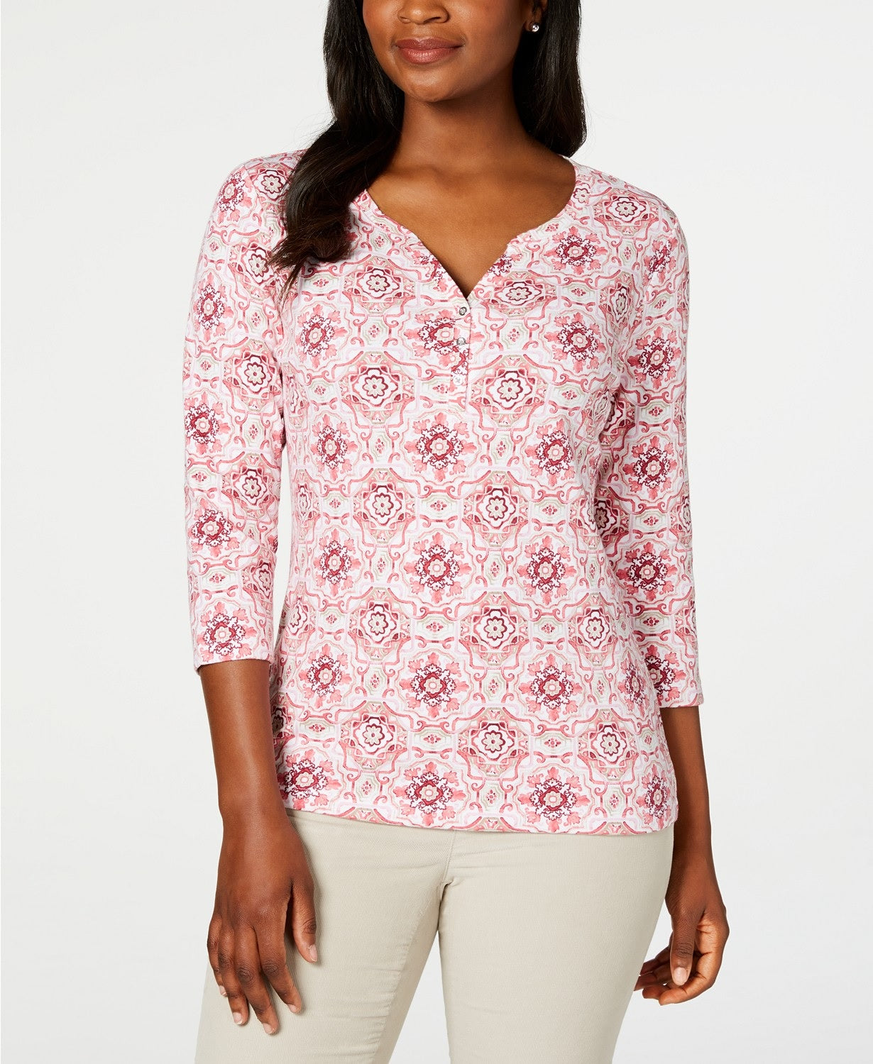 Karen Scott Women's Printed 3/4-Sleeve Henley Top  Mellow Rose Size Petite Small