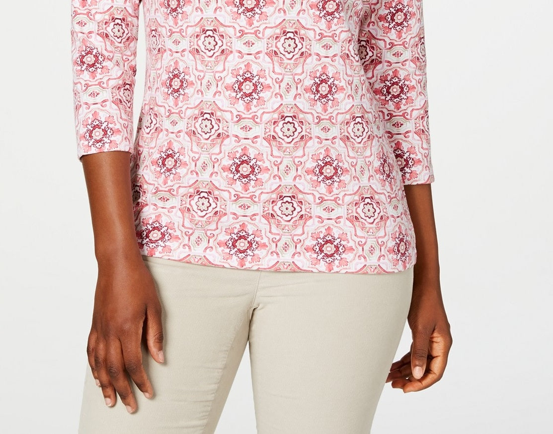 Karen Scott Women's Printed 3/4-Sleeve Henley Top  Mellow Rose Size Petite Small