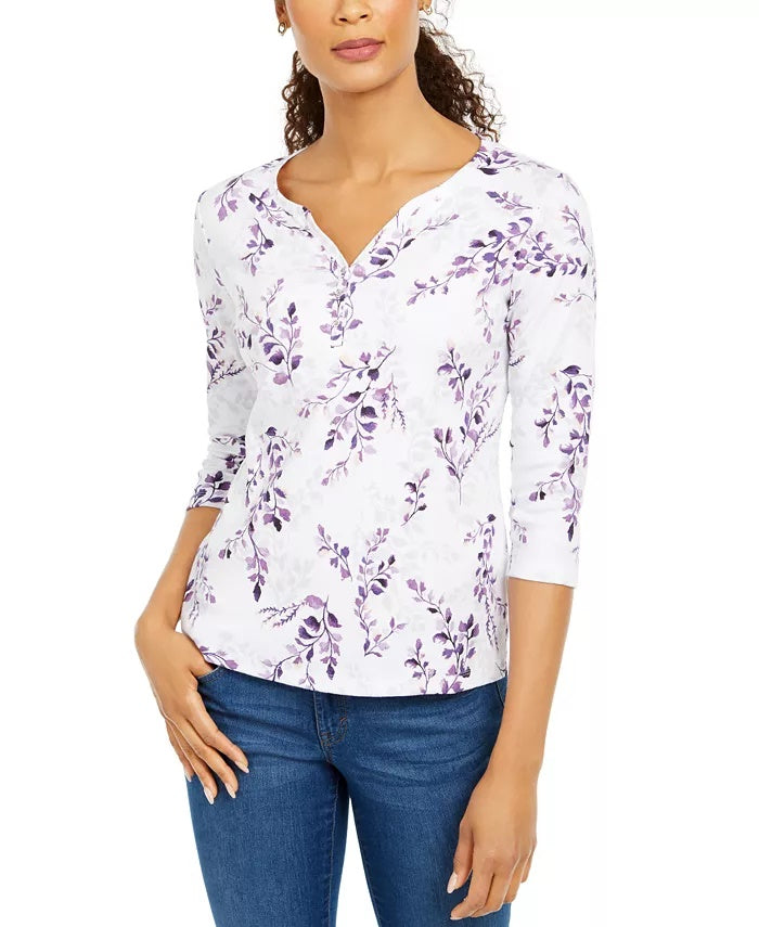 Karen Scott Women's Petite Printed 3/4-Sleeve Top Dark Blue Size Small