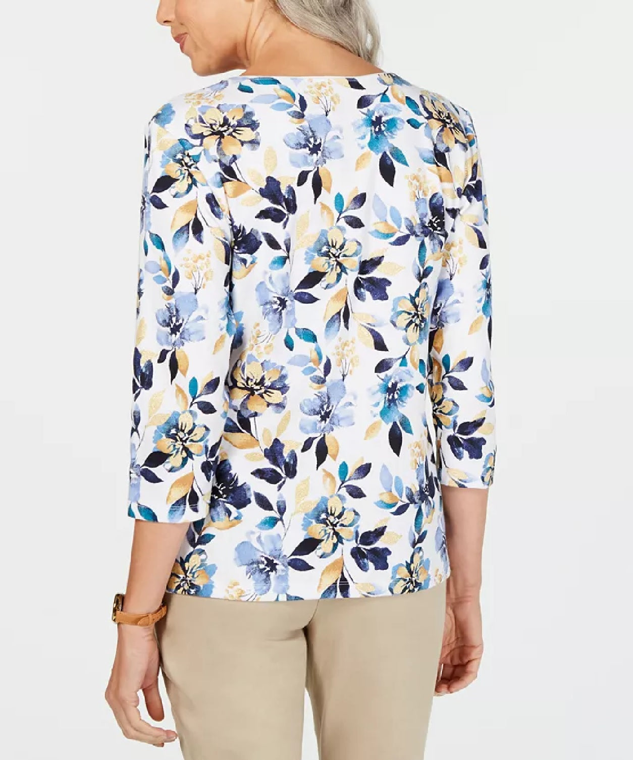 Karen Scott Women's Petite Floral-Print 3/4-Sleeve Top Blue Size Small