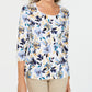 Karen Scott Women's Petite Floral-Print 3/4-Sleeve Top Blue Size Small