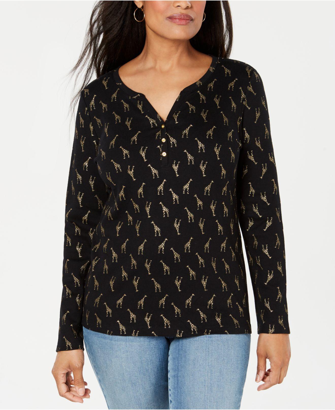Karen Scott Women's Petite Giraffe-Print Henley Black Size Small