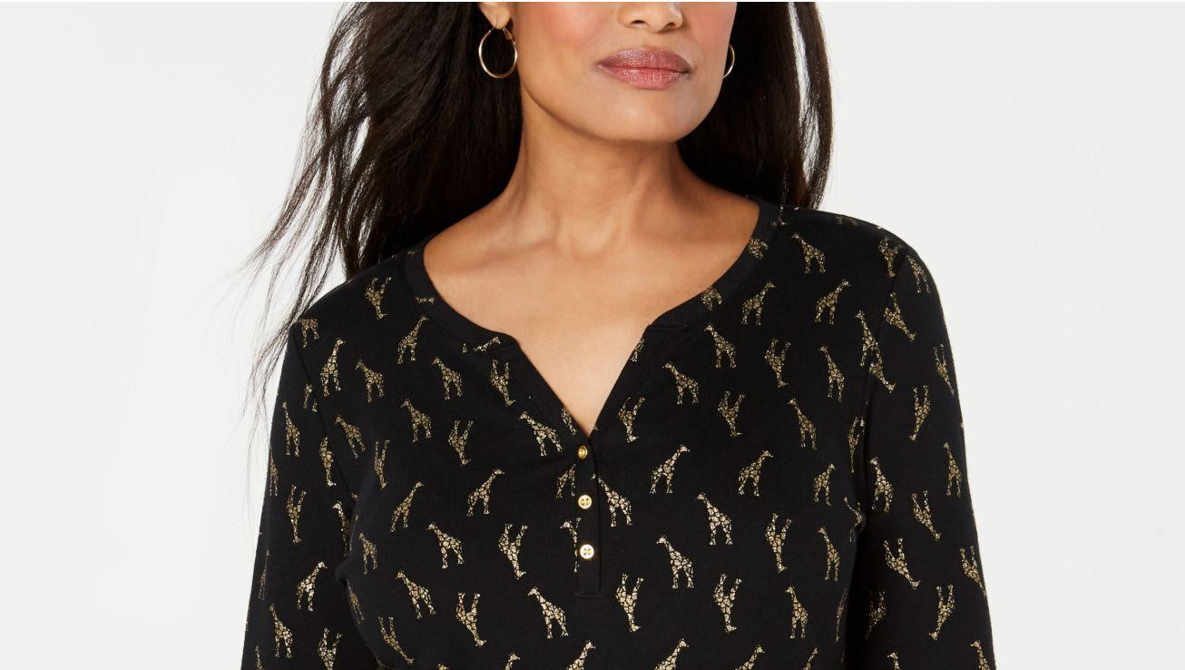 Karen Scott Women's Petite Giraffe-Print Henley Black Size Small