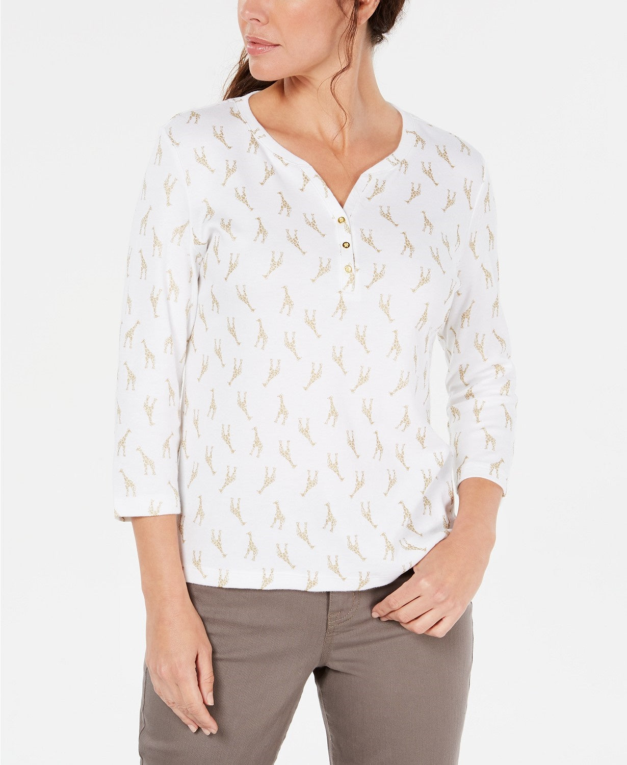 Karen Scott Women's Giraffe-Print Henley White Size Petite Extra Large