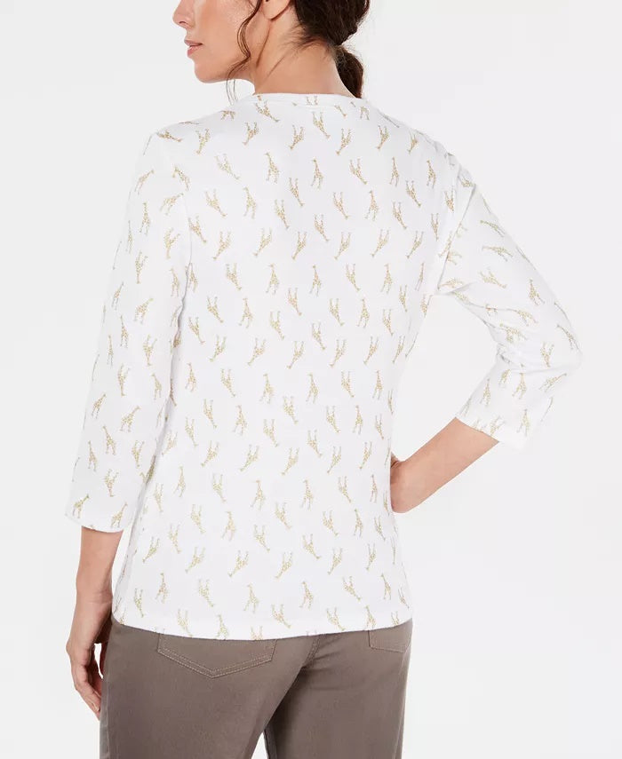Karen Scott Women's Giraffe-Print Henley White Size Petite Extra Large