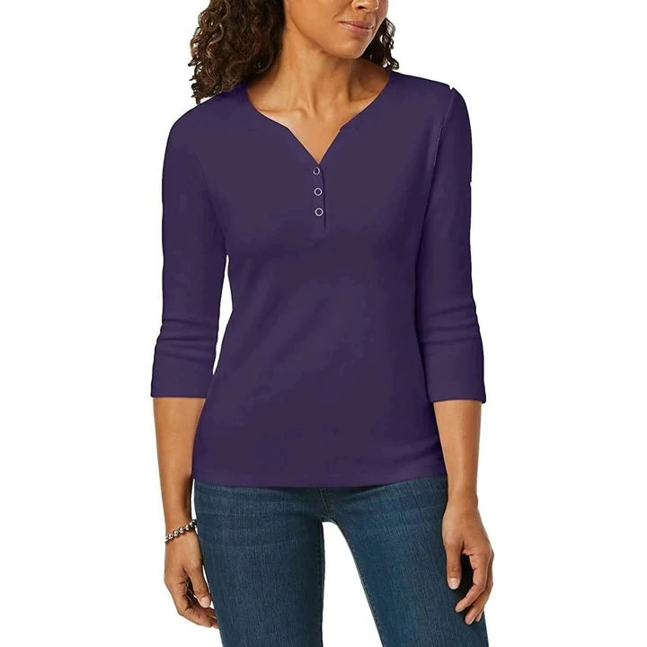 Karen Scott Women's Printed 3/4 Sleeve Henley Top Gray / Purple Size Petite Small