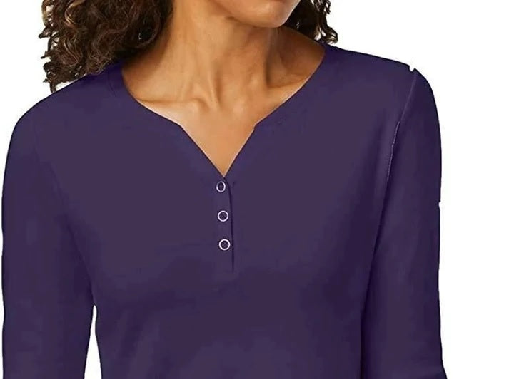 Karen Scott Women's Printed 3/4 Sleeve Henley Top Gray / Purple Size Petite Small