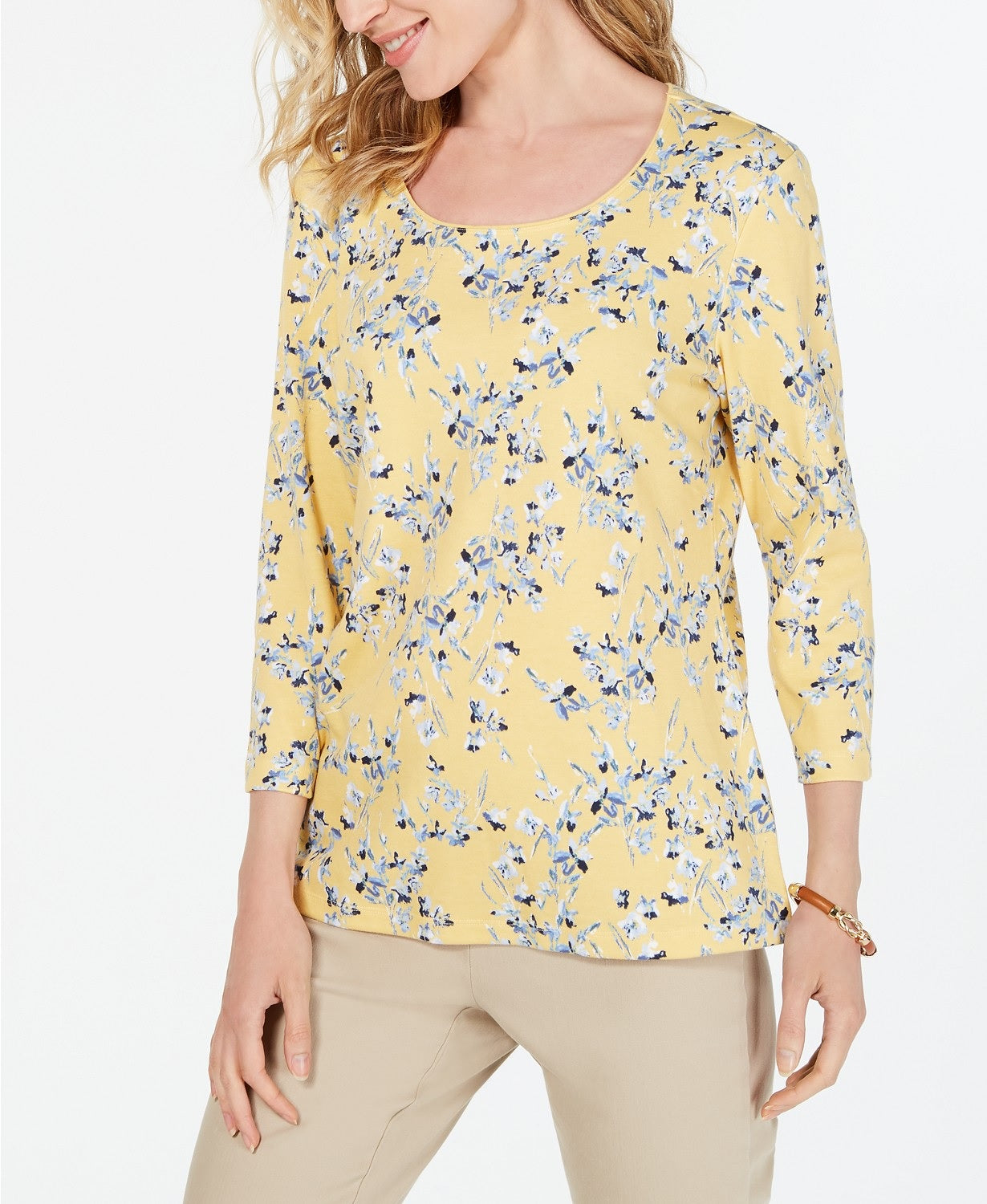Karen Scott Women's 3/4-Sleeve Floral-Print Top  Yellow Size Petite Petite
