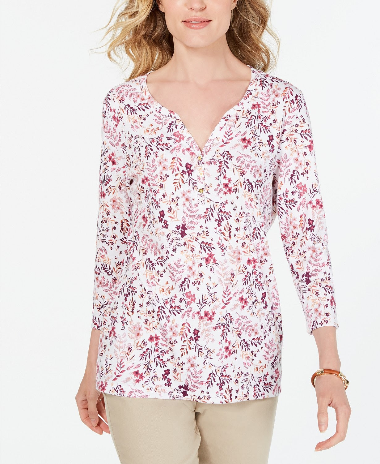 Karen Scott Women's Petite Floral-Print Henley Top White Size Petite Small