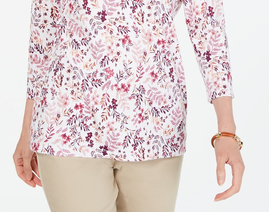 Karen Scott Women's Petite Floral-Print Henley Top White Size Petite Small