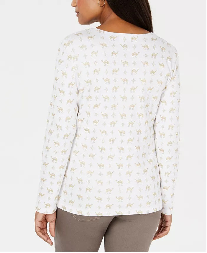 Karen Scott Women's Petite Camel-Print Top White Size Medium