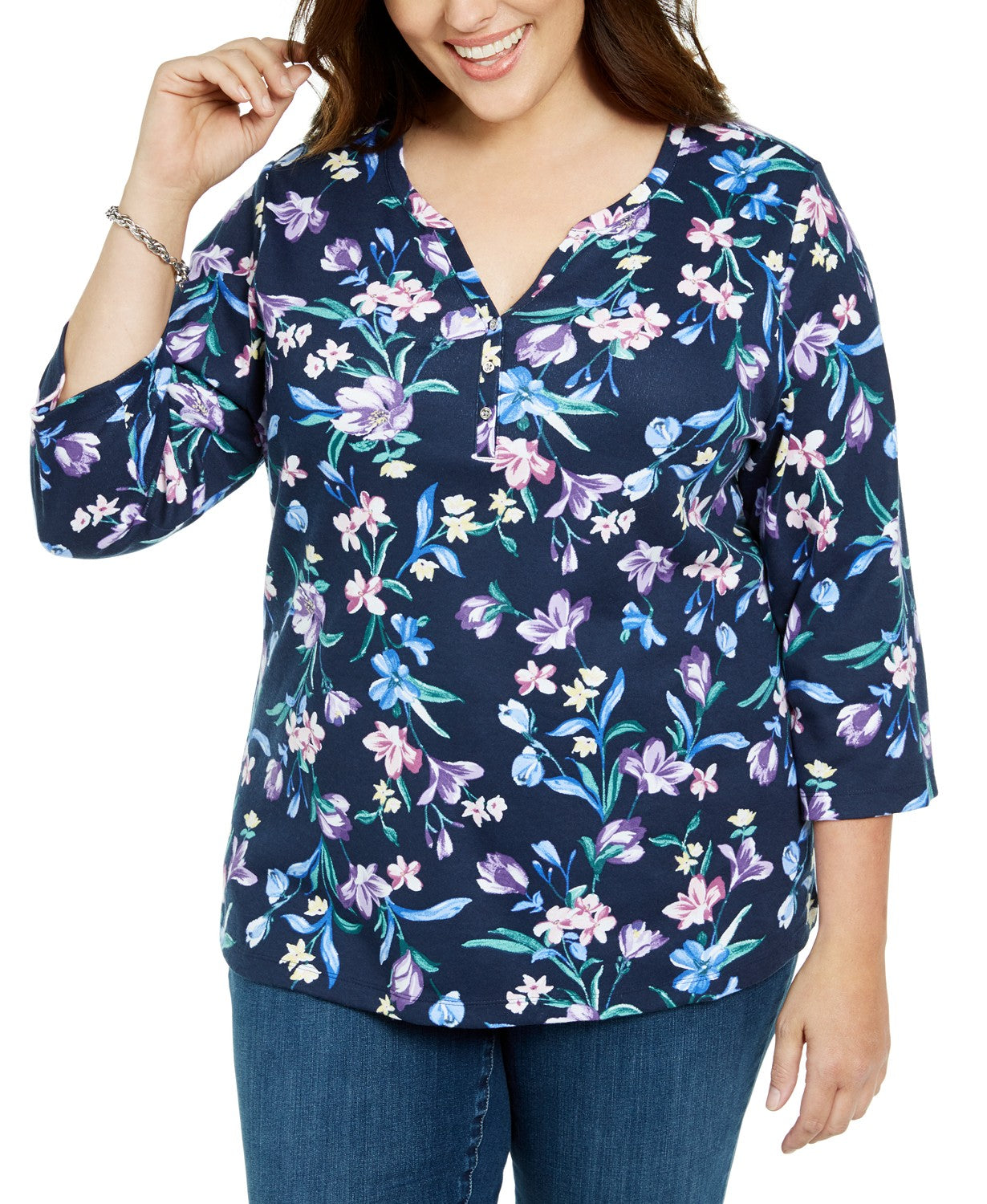 Karen Scott Women's Plus Size Split Neck Floral Top Blue Size X-Large