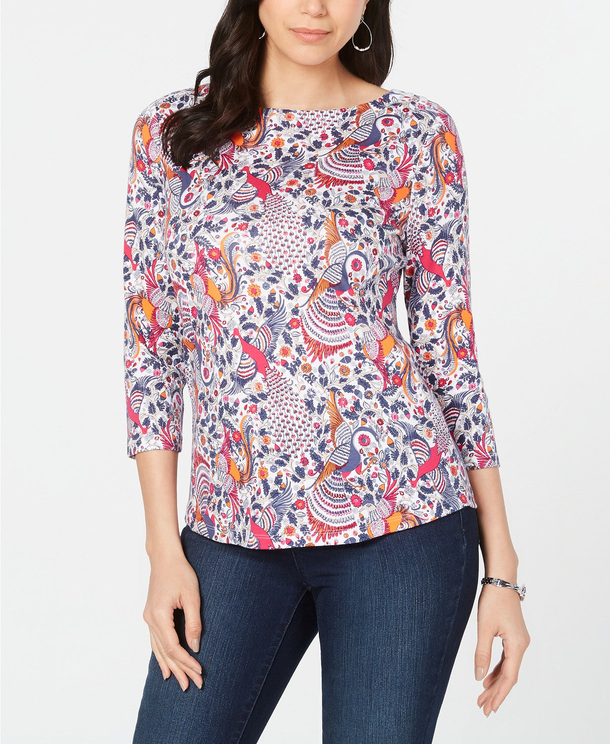 Charter Club Women's Pima Cotton Printed Boat-Neck Top White Size Small