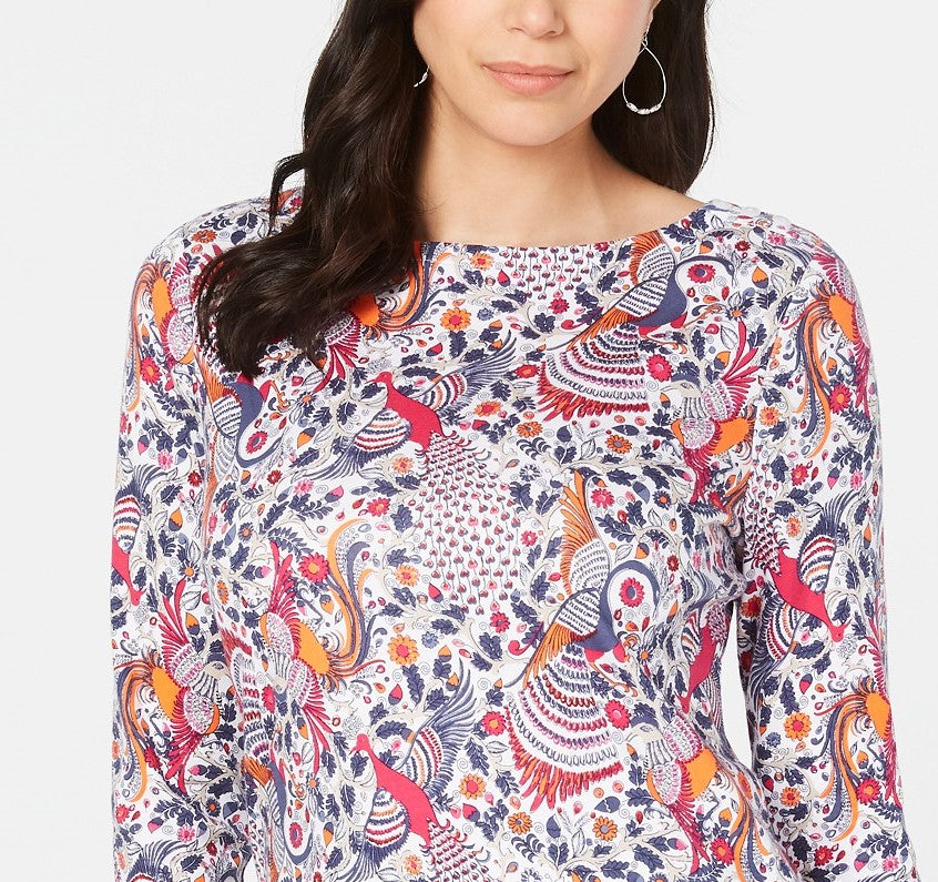 Charter Club Women's Pima Cotton Printed Boat-Neck Top White Size Extra Large